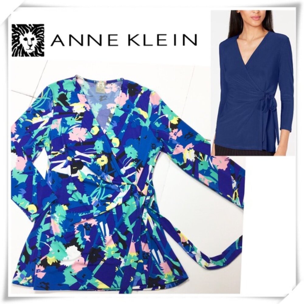 Anne Klein Floral Print Wrap Drape Tops Blue Pink